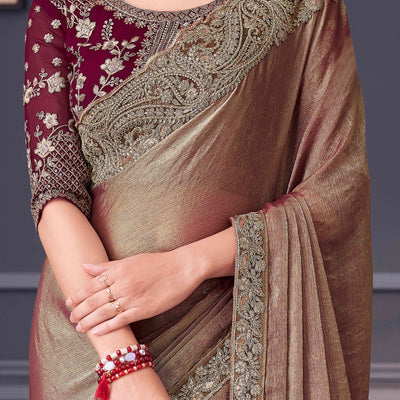 Chikoo Sequins Embroidered Chiffon Saree