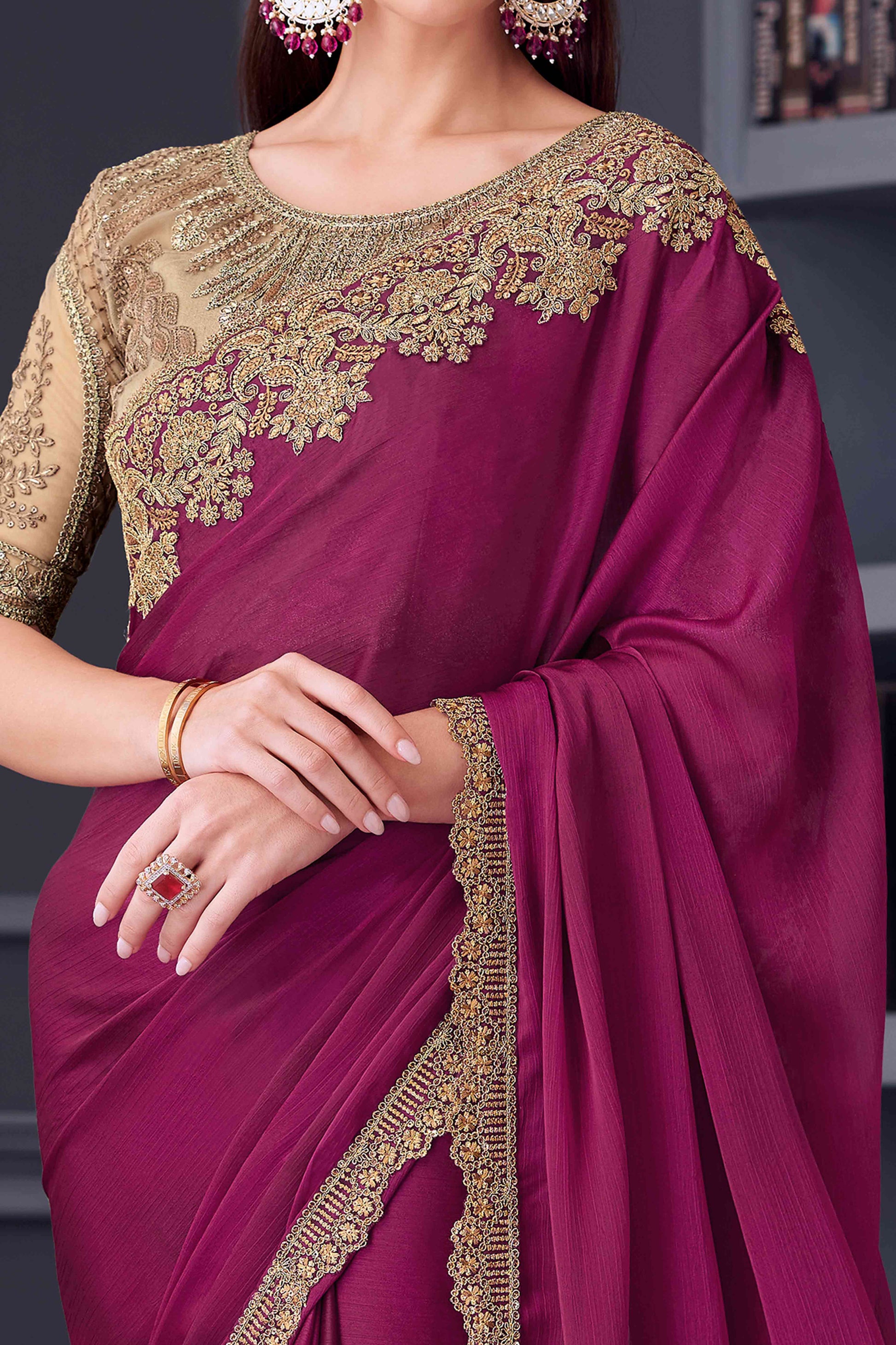 Magenta Sequins Embroidered Satin Saree