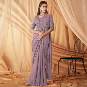 Lavender Embroidered Satin Saree With Jacket