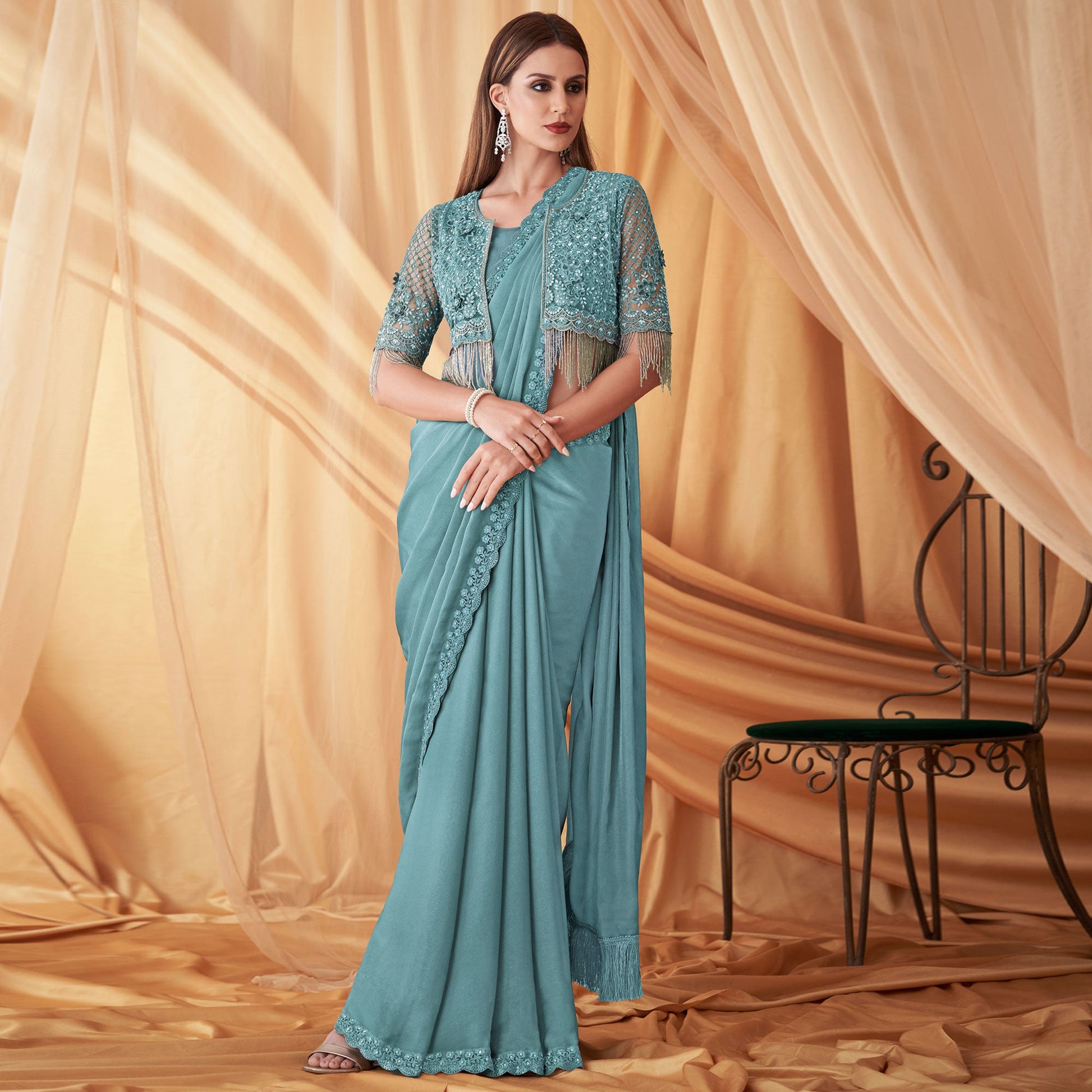 Light Blue Embroidered Satin Saree With Jacket