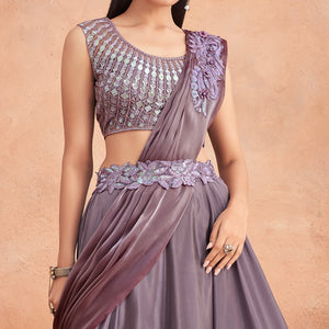 Mauve Sequins Embroidered Ready To Wear Satin Silk Saree