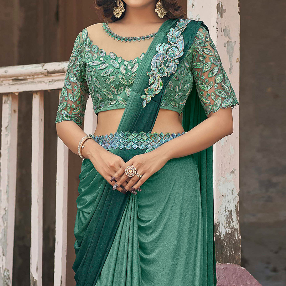 green-sequins-embroidered-ready-to-wear-lycra-saree-1
