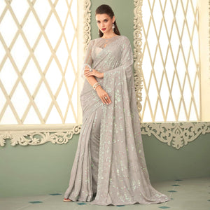 Grey Sequins Embroidered Georgette Saree