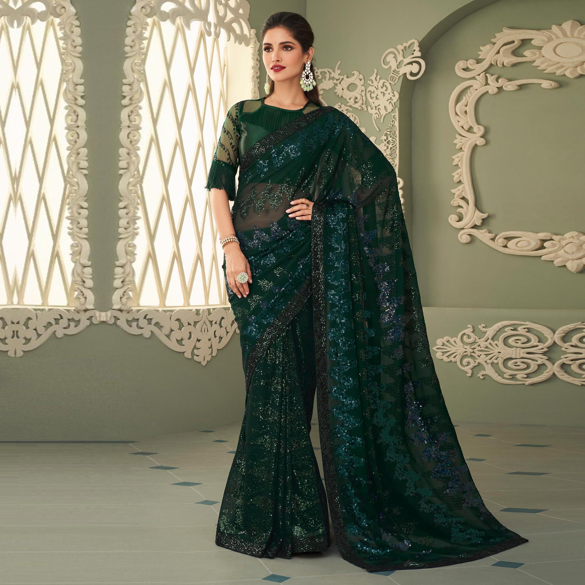 Bottle Green Sequins Embroidered Georgette Saree
