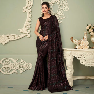 Dark Brown Sequins Embroidered Georgette Saree