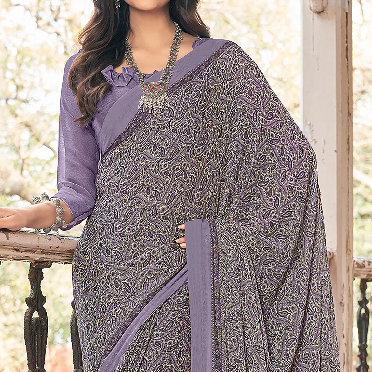 Lavender Paisley Printed Chiffon Saree
