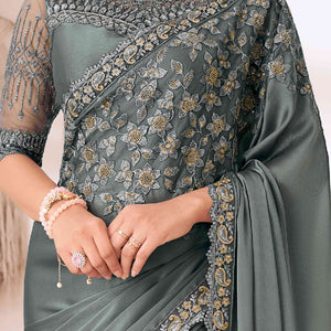 Grey Sequins Embroidered Satin Saree