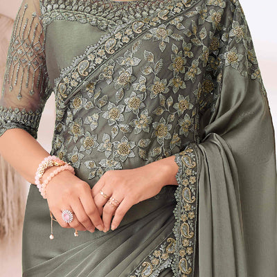 Dusty Grey Sequins Embroidered Satin Saree