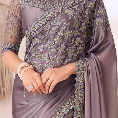 Dusty Purple Sequins Embroidered Satin Saree