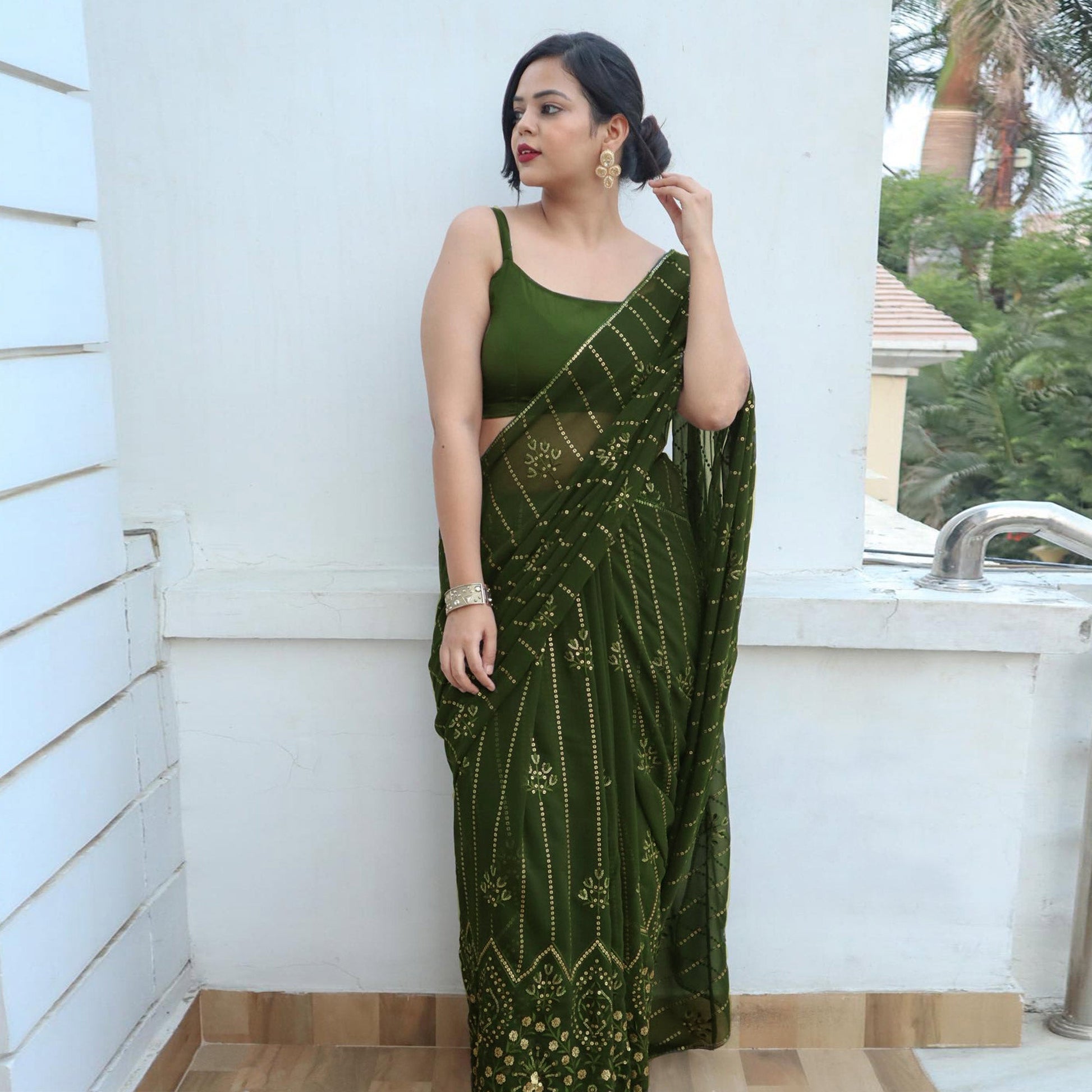 Mehandi Green Sequins Embroidered Georgette Saree