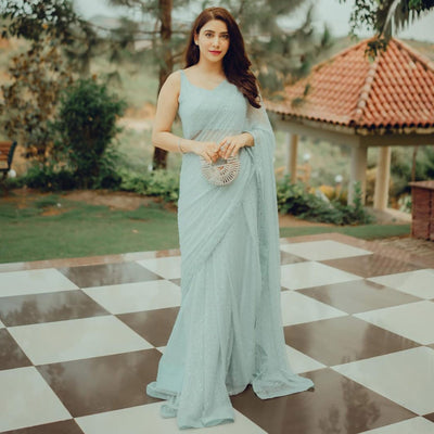 Mint Green Embroidered Georgette Saree