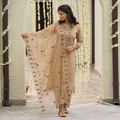 Chikoo Floral Embroidered Rayon Salwar Suit
