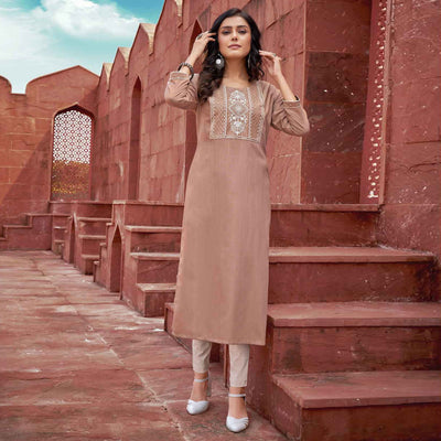 Brown Floral Embroidered Rayon Kurti