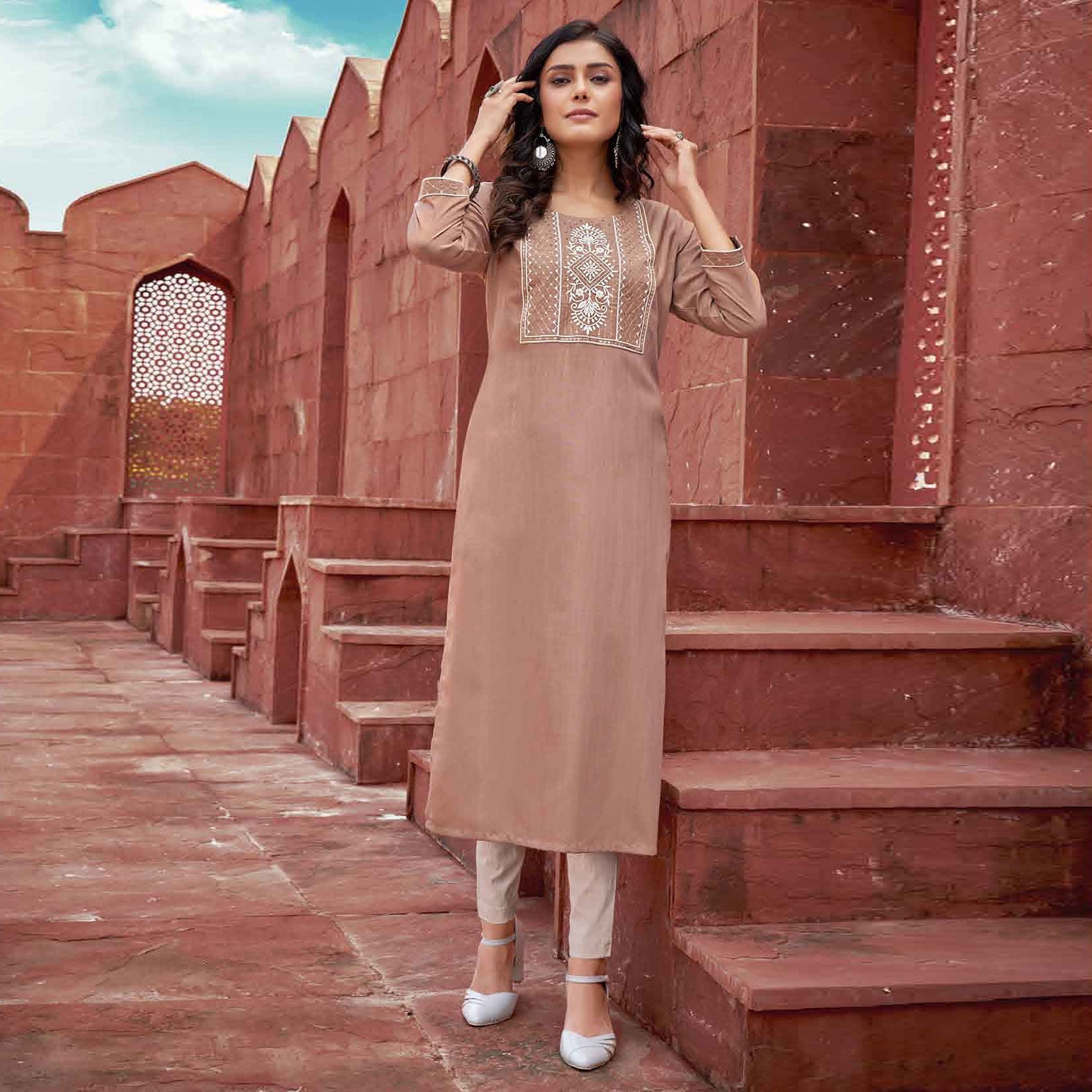 Brown Floral Embroidered Rayon Kurti