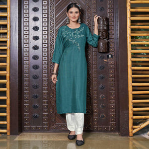 Deep Sea Green Floral Embroidered Rayon Kurti