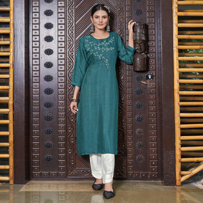 Deep Sea Green Floral Embroidered Rayon Kurti