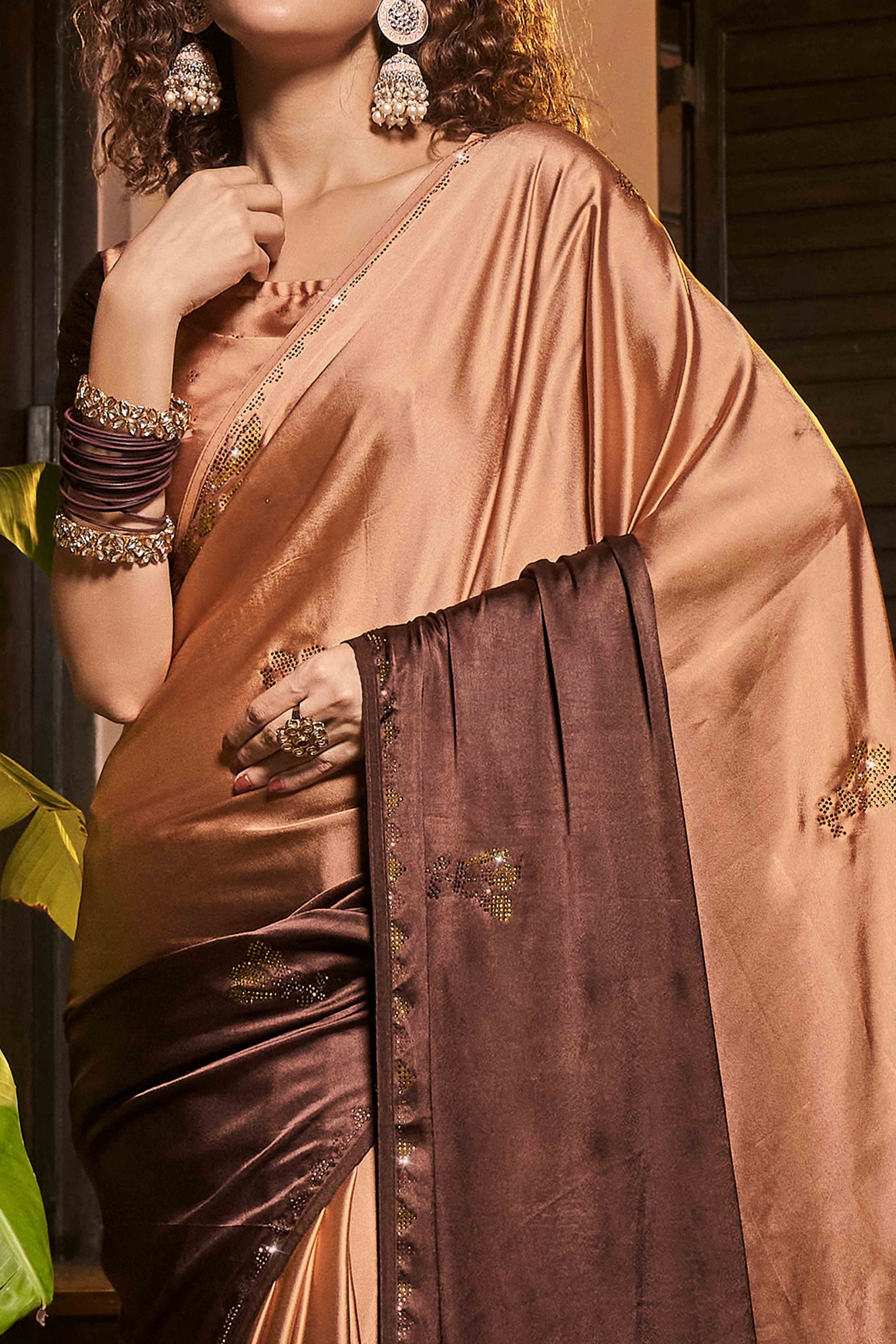 Brown Swarovski Work Embroidered Ombre Satin Saree