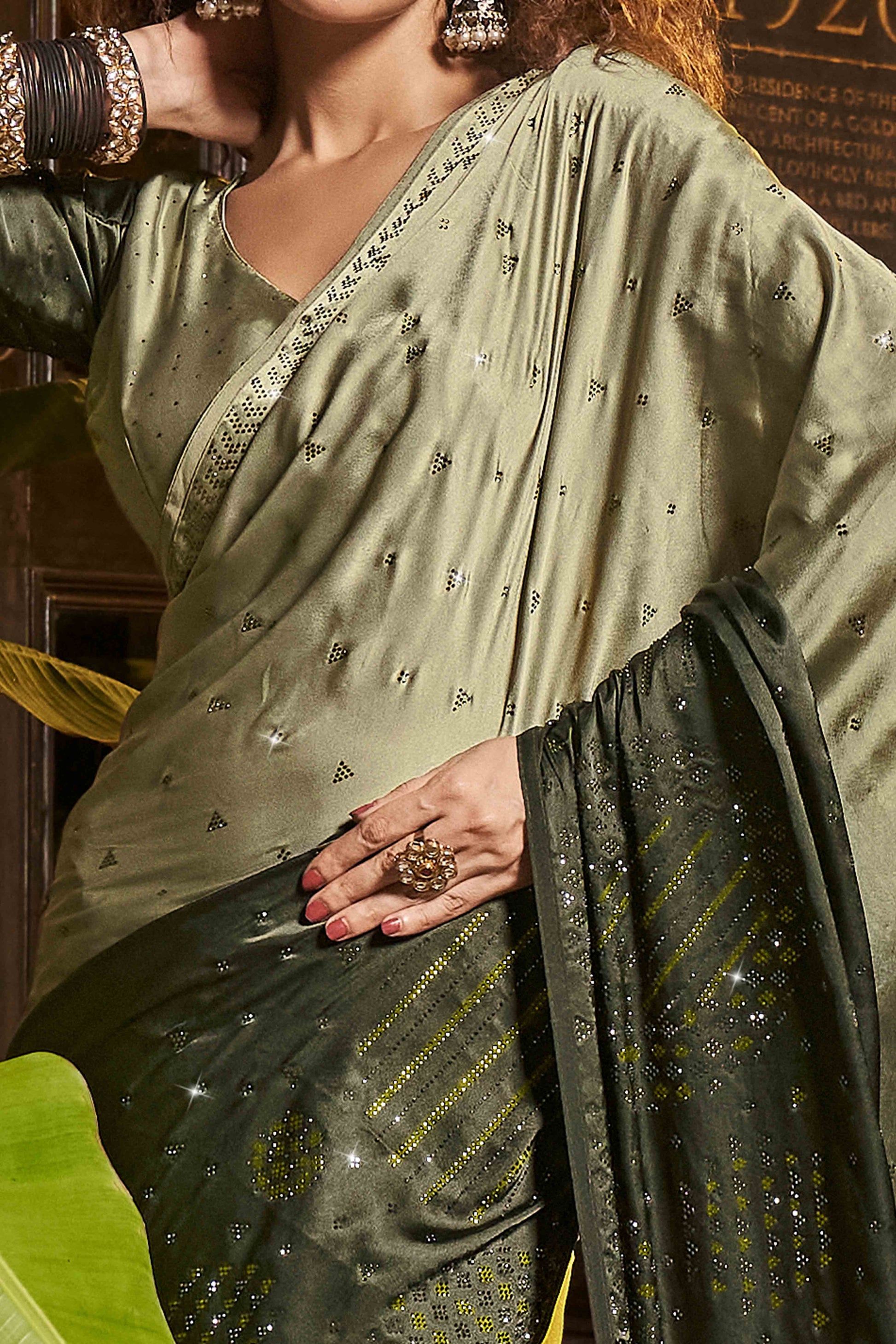 Mehendi Green Swarovski Work Embroidered Ombre Satin Saree