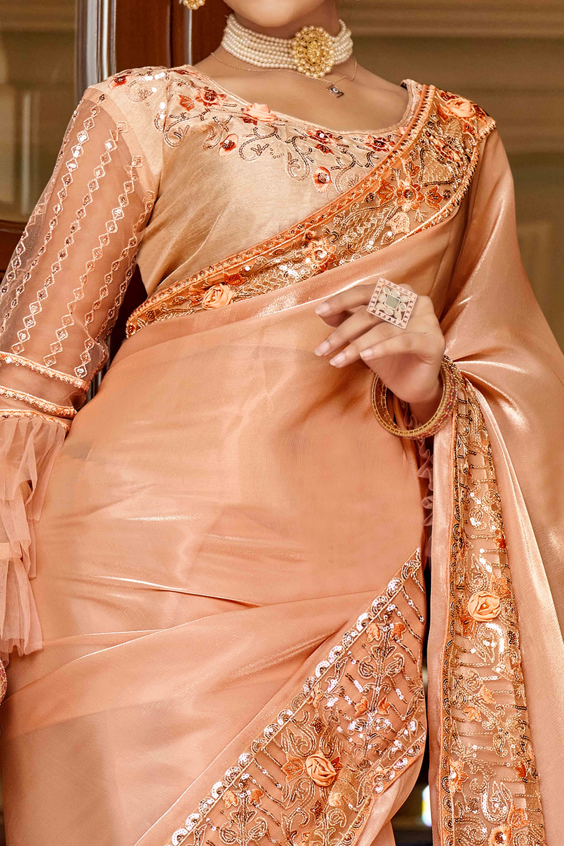 Light Orange Swarovski Work Embroidered Jimmi Choo Saree