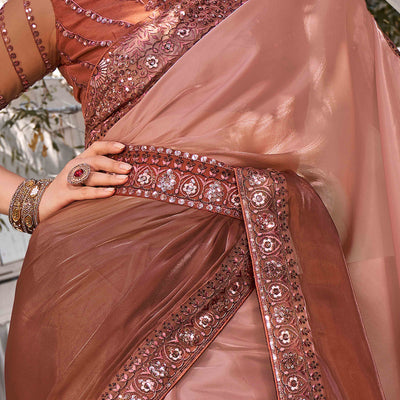 Brown Sequins With Floral Embroidered Georgette Saree