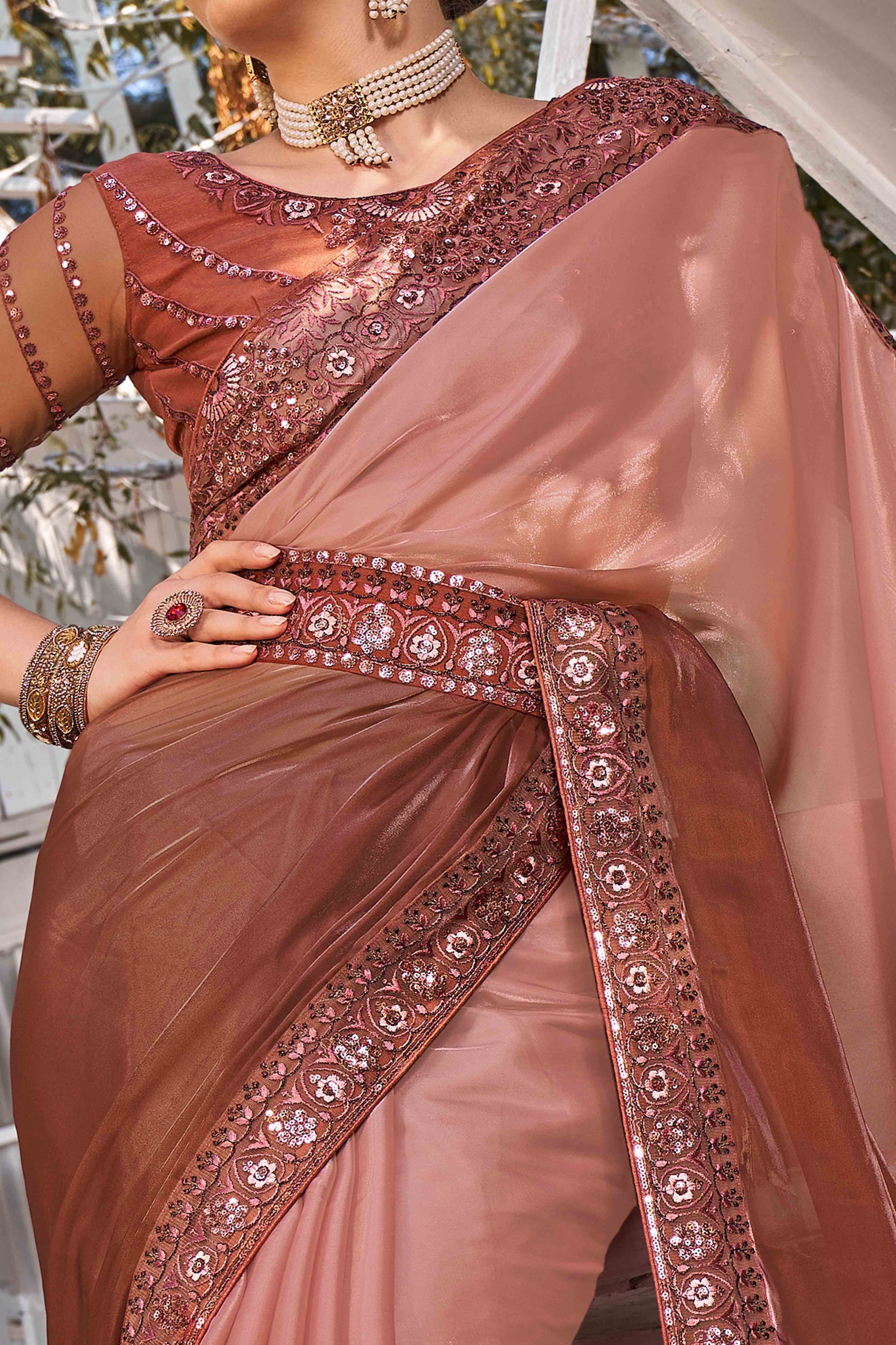 Brown Sequins With Floral Embroidered Georgette Saree