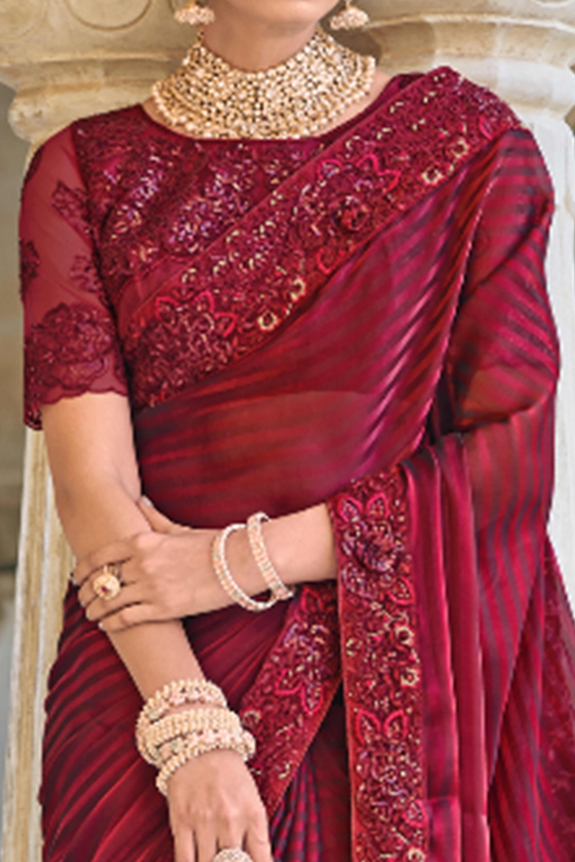 Maroon Sequins Embroidered Georgette Saree