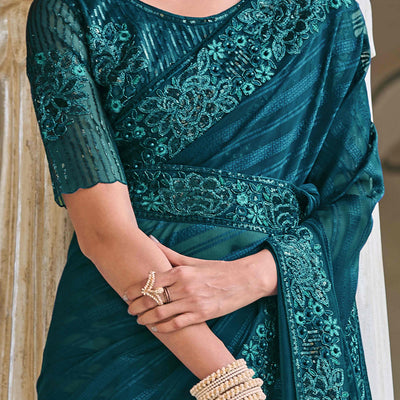 Morpich Green Sequins Embroidered Georgette Saree