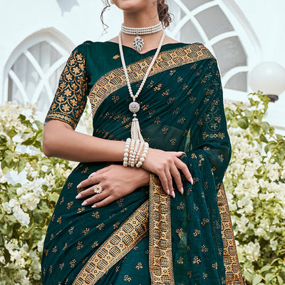 Dark Teal Green Foil Printed Georgette Saree With Embroidered Border