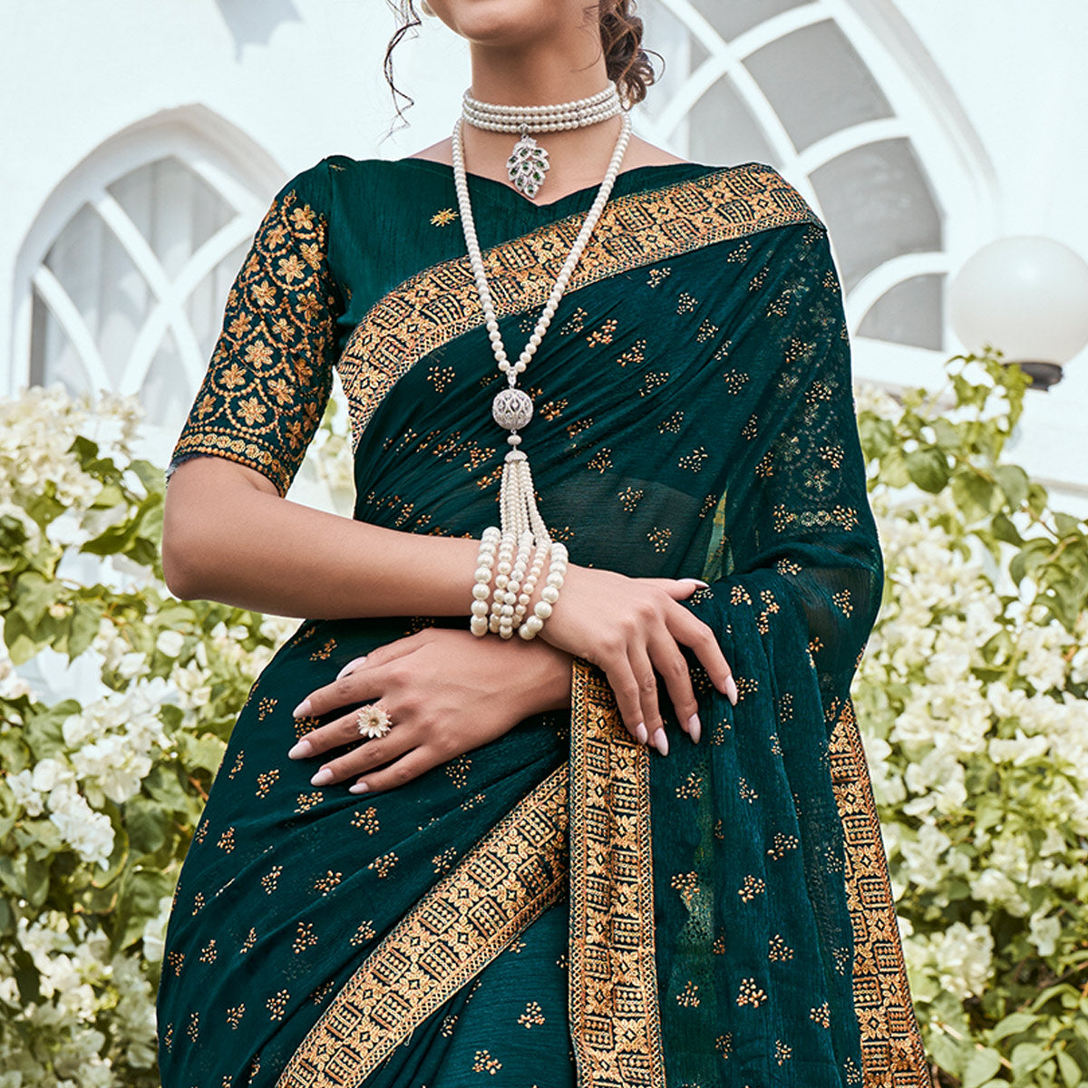 Dark Teal Green Foil Printed Georgette Saree With Embroidered Border