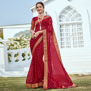 Maroon Foil Printed Georgette Saree With Embroidered Border