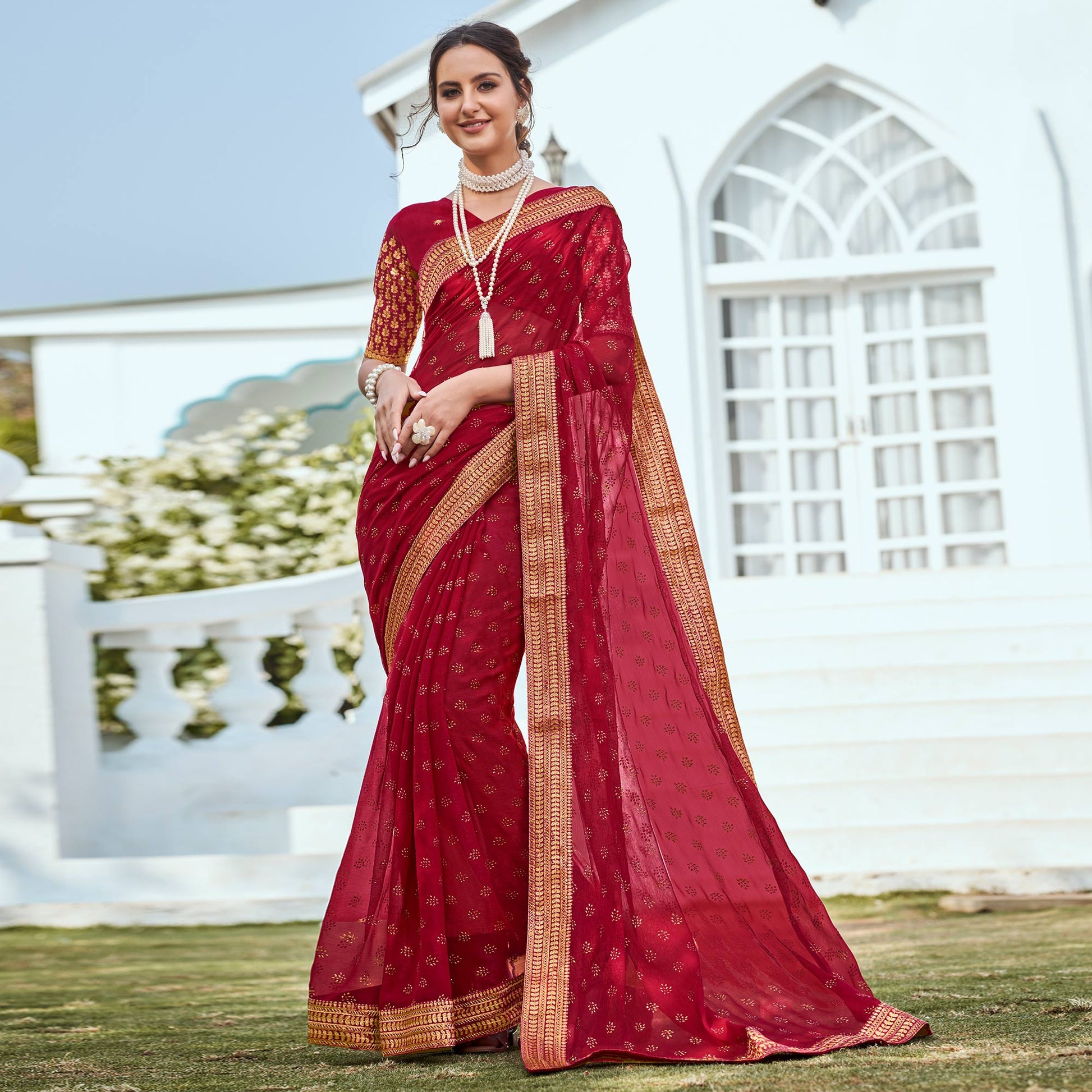 Maroon Foil Printed Georgette Saree With Embroidered Border