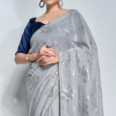 Grey Sequins Embroidered Georgette Saree