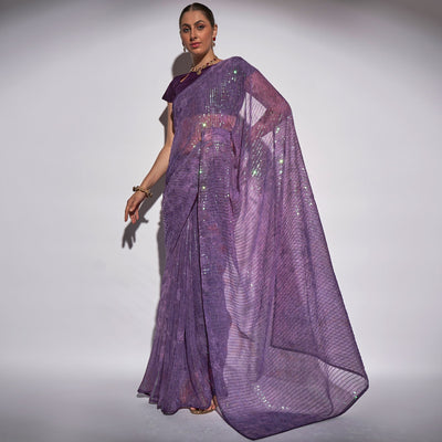 Lavender Ombre Print Sequence Work Georgette Saree