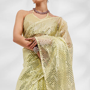 Lemon Yellow Embroidered Sequinned Organza Saree