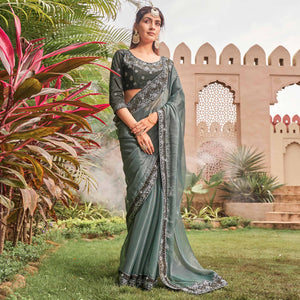 Grey Solid With Embroidered Border Chiffon Saree