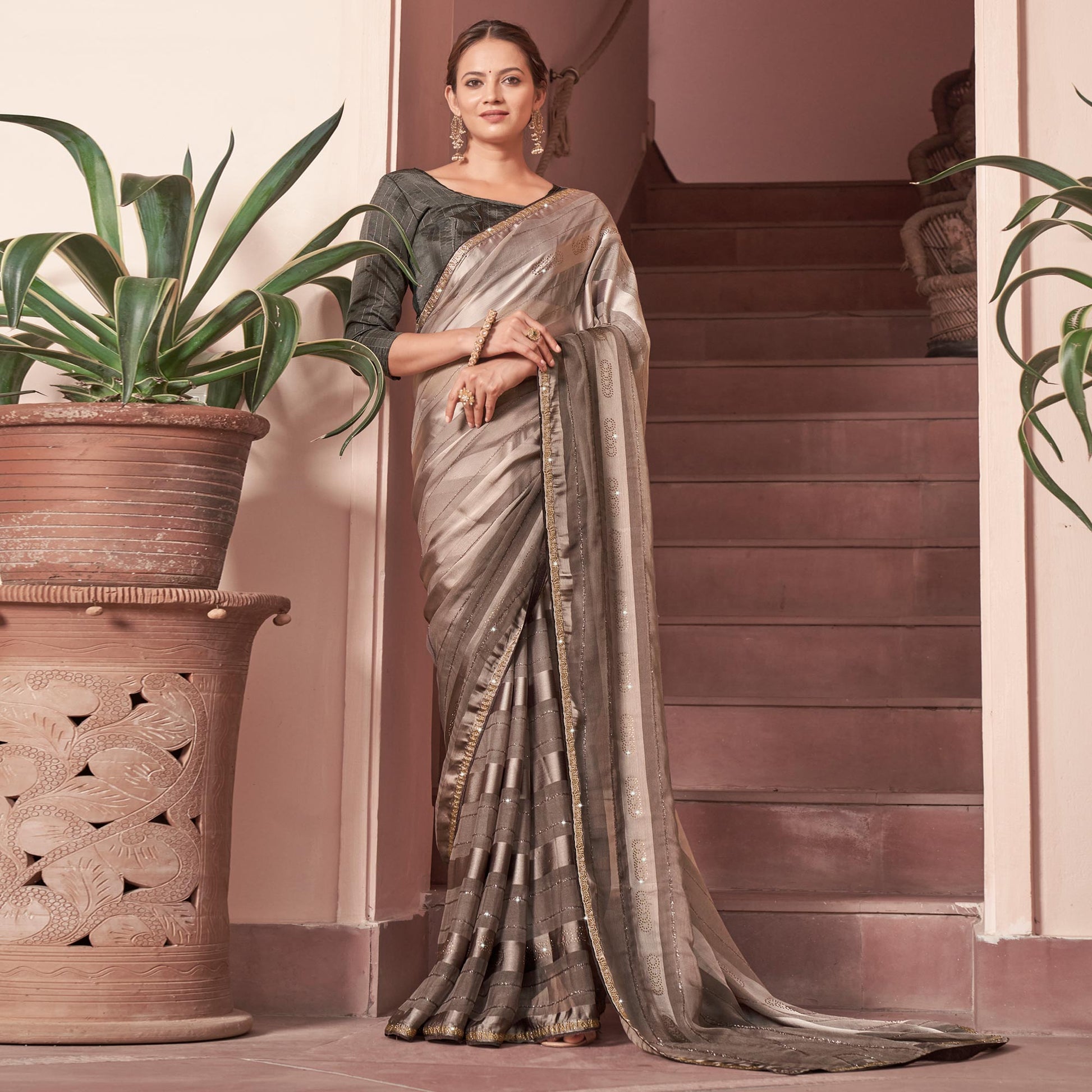 Light Brown Swarovski Work Georgette Saree