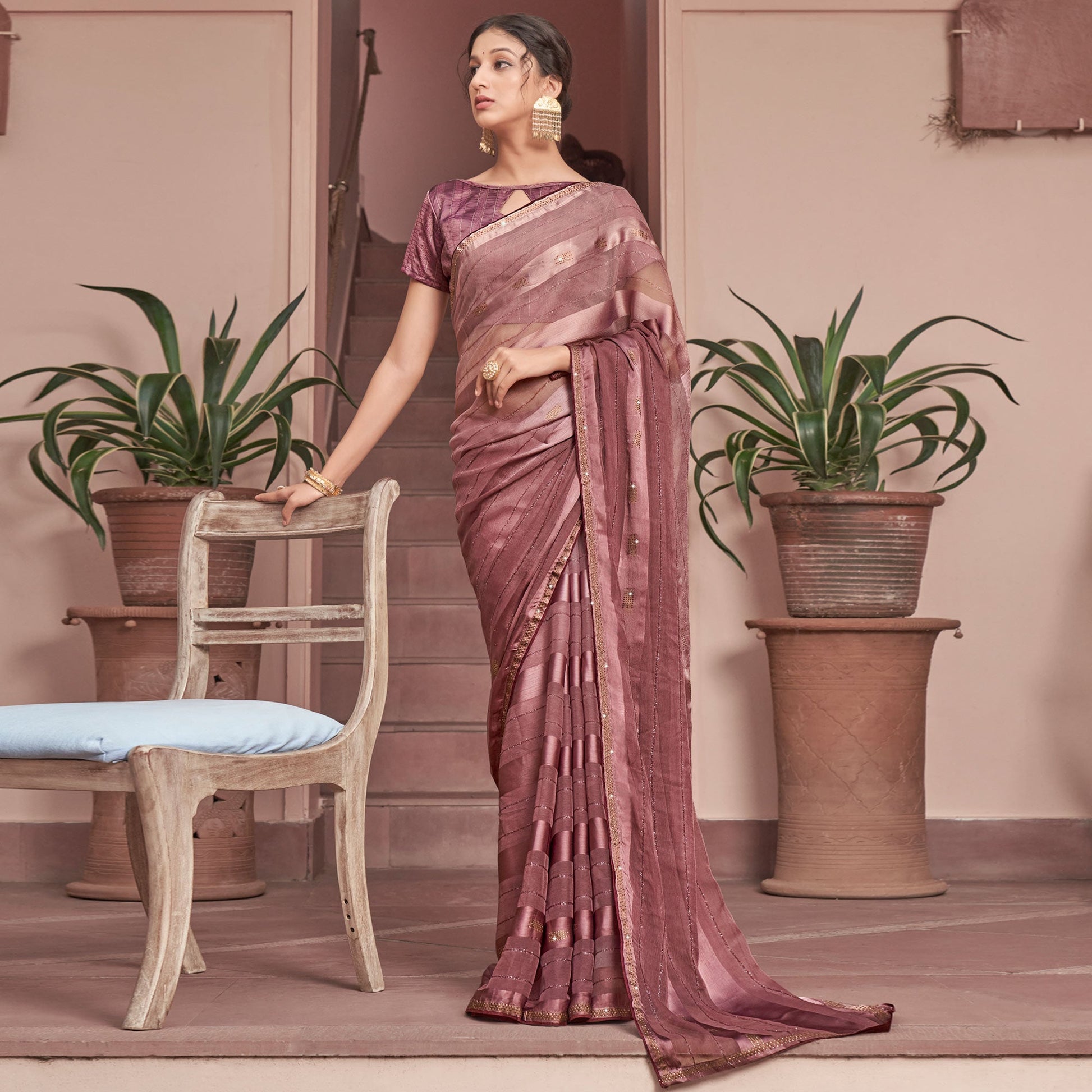 Mauve Swarovski Work Georgette Saree
