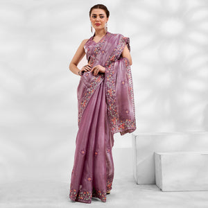 Lavender Floral Embroidered Tissue Saree