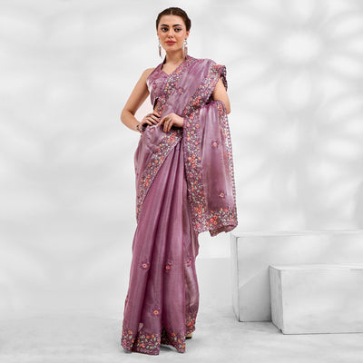 Lavender Floral Embroidered Tissue Saree