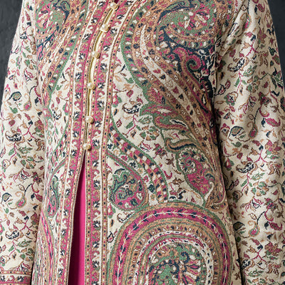 Cream Paisley Weaving Woolen Front Slit Top Bottom Set with Jacket