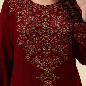 Maroon Floral Woven Woolen Straight Kurti