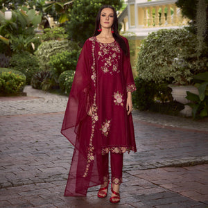 Maroon Floral Handwork Embroidered Viscose Salwar Suit