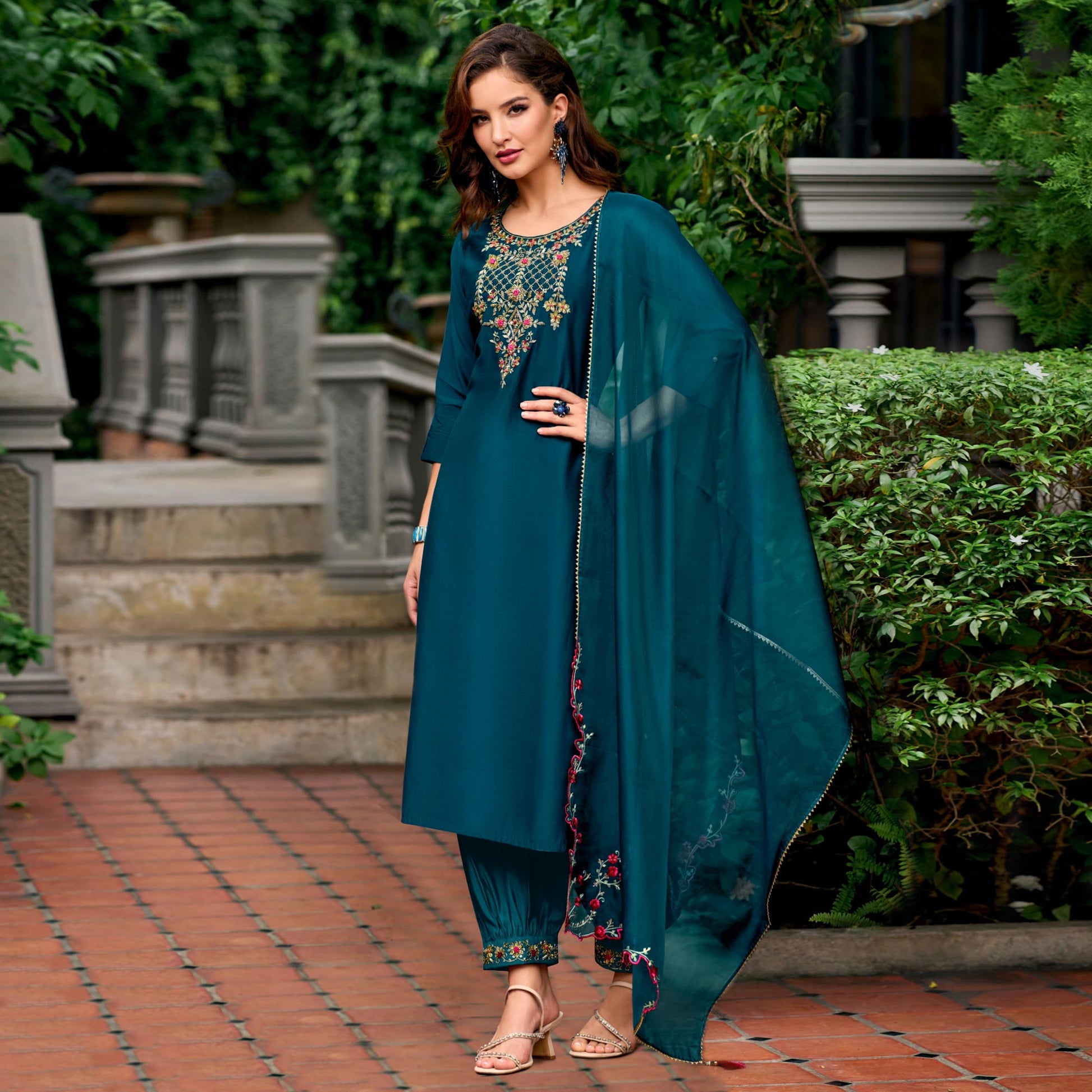 Morpich Floral Embroidery Chanderi Silk Suit