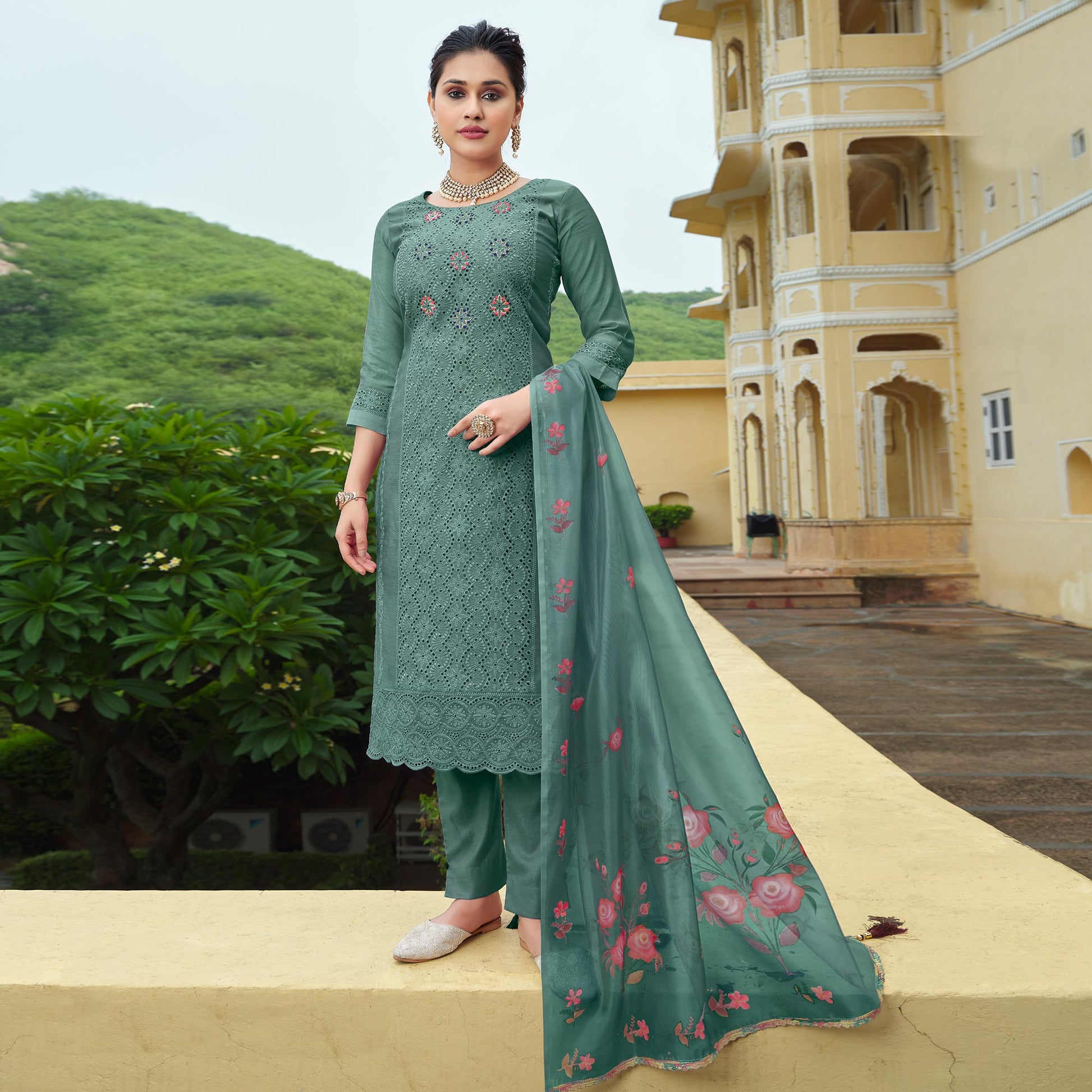 green-chikankari-work-cotton-silk-salwar-suit-1