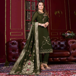 Mehendi Green Floral Sequins Embroidered Cotton Silk Suit