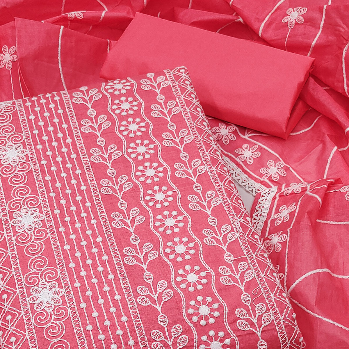 Gajari Pink Floral Embroidered Pure Cotton Dress Material