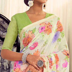 Cream Floral Printed Georgette Saree