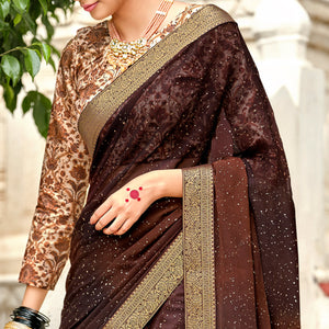Brown Printed Georgette Saree With Gold Zari