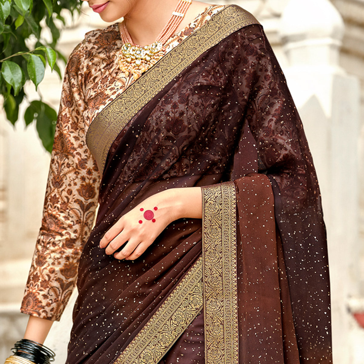 Brown Printed Georgette Saree With Gold Zari