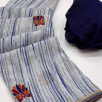 Grey Printed Raw Silk Saree With Fancy Border